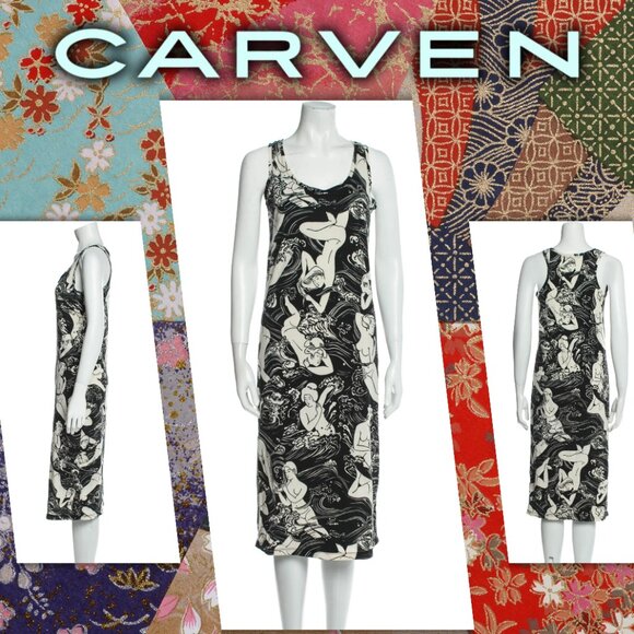 Carven Black and White Bodycon Midi Dress with Japanese Graphic Print (size XS) - Picture 1 of 15